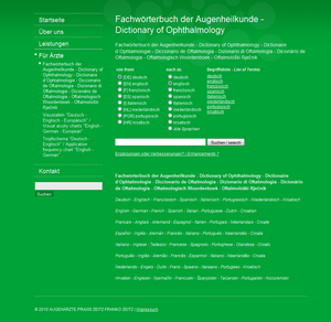 Screenshot Website of the Dictionary of Ophthalmolog